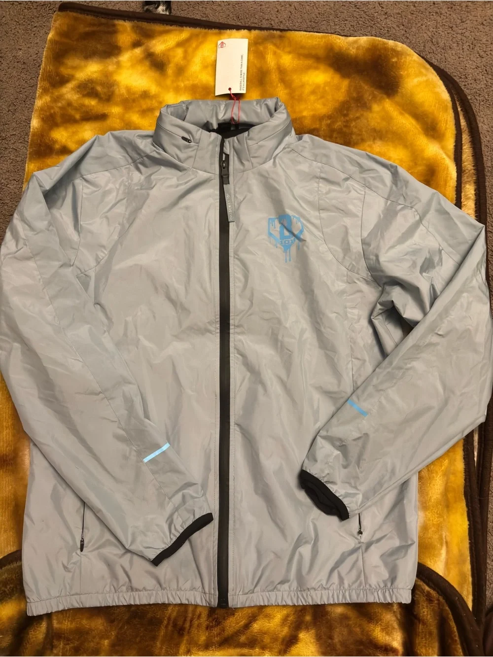 Men's Light Gray Windbreaker Jacket with Blue Logo